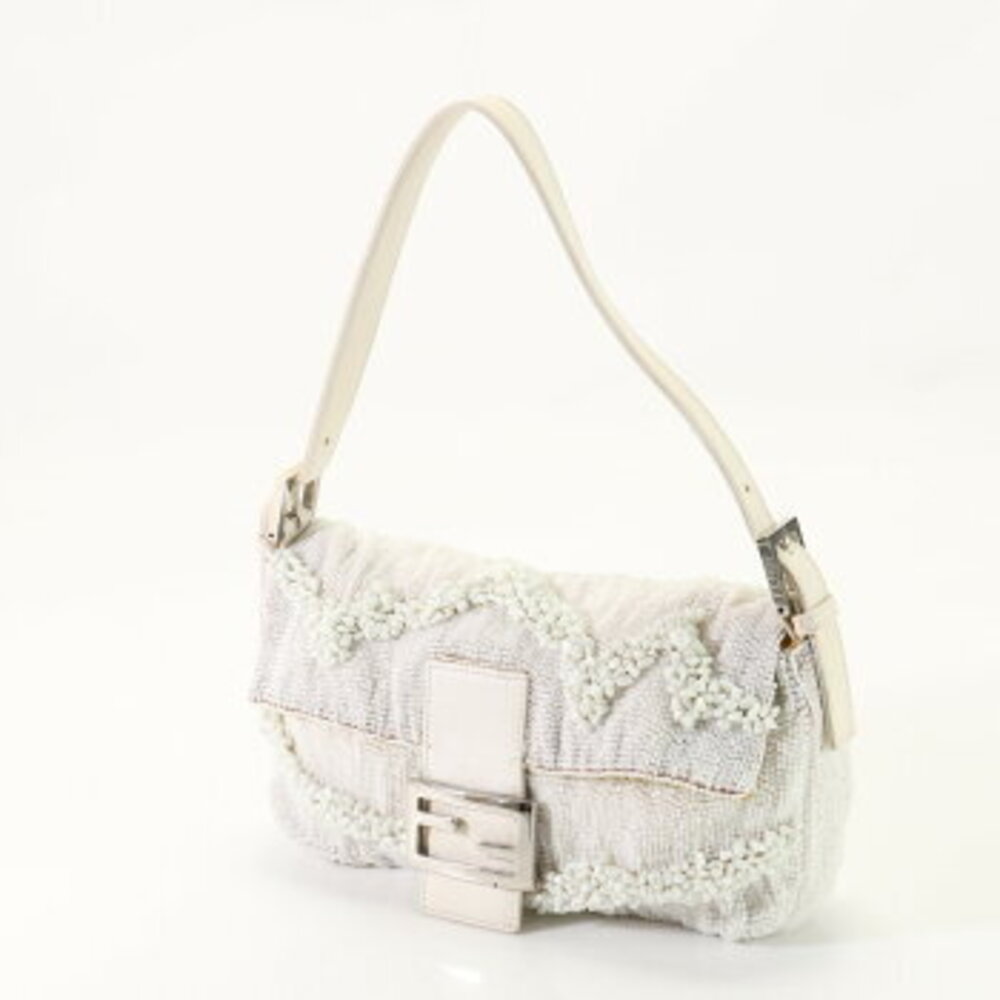 Fendi Mamma handbag white tote FF handle Bucket embroidery top leather beaded